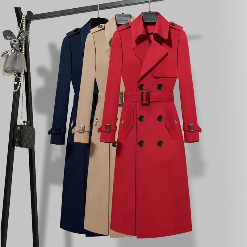 Outwear Ženska visokokvalitetna crvena crna kaki trenč ženska jesenska vjetrovka preko koljena, ležerni dugi kaput