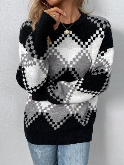 Ősz/tél 2022 Kereknyakú, kötött pulóver divatos koreai kiadás, ingázó stílusú női kockás, bő hosszú ujjú, vastag felső pulóver