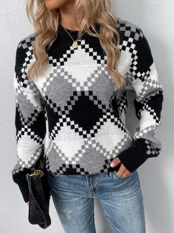 Ősz/tél 2022 Kereknyakú, kötött pulóver divatos koreai kiadás, ingázó stílusú női kockás, bő hosszú ujjú, vastag felső pulóver