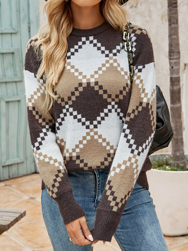 Ősz/tél 2022 Kereknyakú, kötött pulóver divatos koreai kiadás, ingázó stílusú női kockás, bő hosszú ujjú, vastag felső pulóver