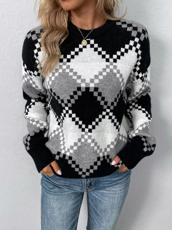 Ősz/tél 2022 Kereknyakú, kötött pulóver divatos koreai kiadás, ingázó stílusú női kockás, bő hosszú ujjú, vastag felső pulóver