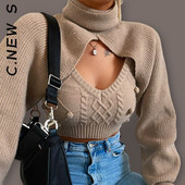 Pleteni set od 2 komada, prsluk, pleteni gornji dio, dvodijelni set bez leđa, 2022. Mekani novi puloveri Uski kratki džemperi s dolčevitom, ženski