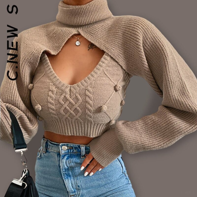 Pleteni set od 2 komada, prsluk, pleteni gornji dio, dvodijelni set bez leđa, 2022. Mekani novi puloveri Uski kratki džemperi s dolčevitom, ženski