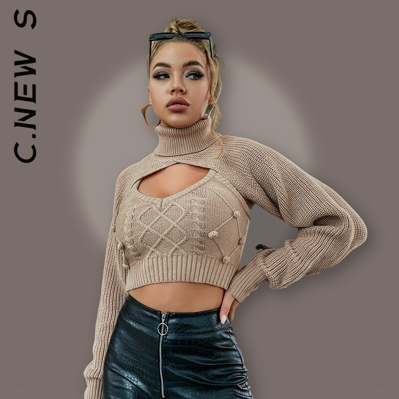 Pleteni set od 2 komada, prsluk, pleteni gornji dio, dvodijelni set bez leđa, 2022. Mekani novi puloveri Uski kratki džemperi s dolčevitom, ženski