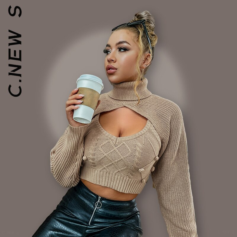 Pleteni set od 2 komada, prsluk, pleteni gornji dio, dvodijelni set bez leđa, 2022. Mekani novi puloveri Uski kratki džemperi s dolčevitom, ženski