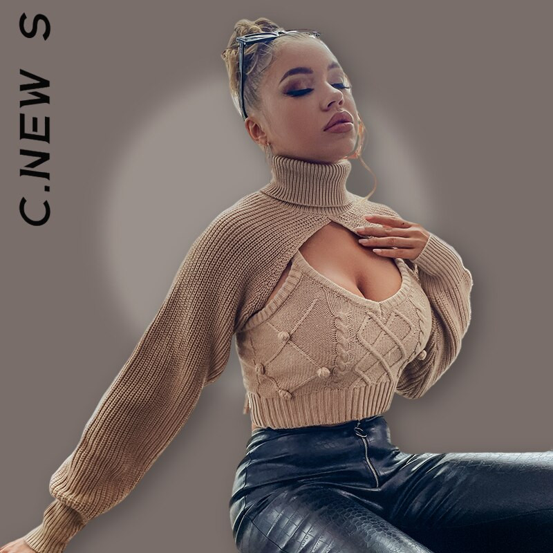 Pleteni set od 2 komada, prsluk, pleteni gornji dio, dvodijelni set bez leđa, 2022. Mekani novi puloveri Uski kratki džemperi s dolčevitom, ženski