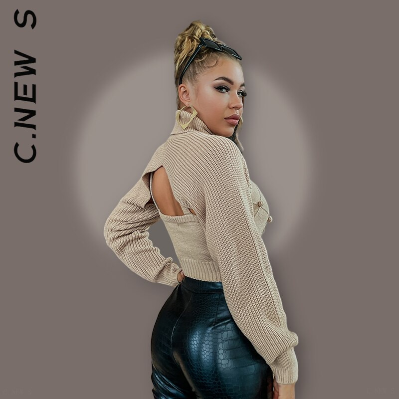 Pleteni set od 2 komada, prsluk, pleteni gornji dio, dvodijelni set bez leđa, 2022. Mekani novi puloveri Uski kratki džemperi s dolčevitom, ženski