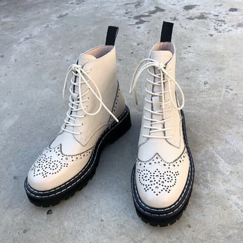 2021 Зимни дамски ботуши Brock Carved Boots Платформа Бели/черни ботуши Кожени ботуши за жени Botas Mujer Есенни обувки Дамски