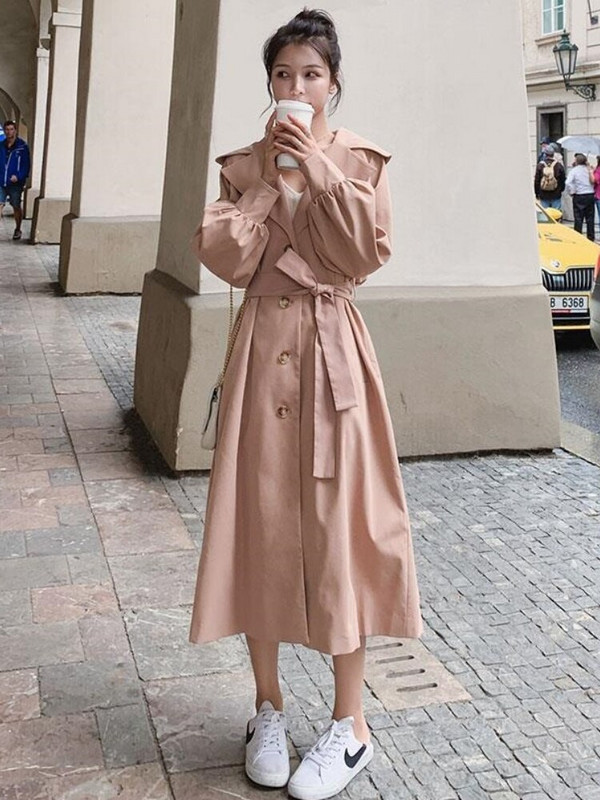 Rudens mēteļi Sieviešu ziema 2022 Jakas vienkrāsains atloks ar vienrindu siksnu, gara vējjaka Trenčjaka sievietēm, apģērba augšdaļa