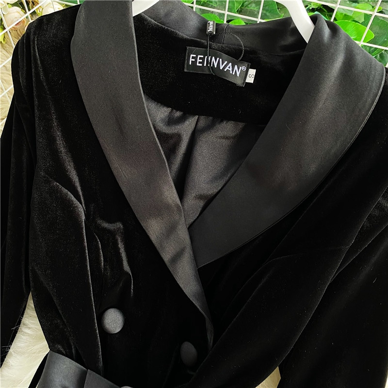 Crni baršunasti trenč kaput, ženski dvoredni modni remen, dugi trenč kaput jesen-zima, ženska elegantna uska vjetrovka
