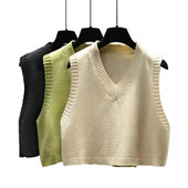 Ženski kratki labavi pleteni pulover bez rukava Ženski džemper prsluk Ženski pulover s V-izrezom Gornje odjeće za tinejdžerke, školske djevojke