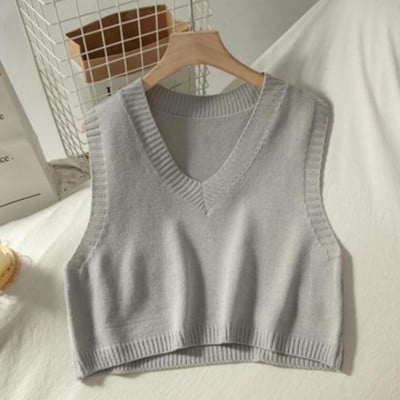 Ženski kratki labavi pleteni pulover bez rukava Ženski džemper prsluk Ženski pulover s V-izrezom Gornje odjeće za tinejdžerke, školske djevojke