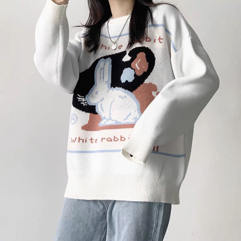 Japāņu preppy stila glīts balts truša džemperis korejiešu salds gadījuma brīvs džemperis rudens vintage Harajuku sieviešu trikotāžas džemperis