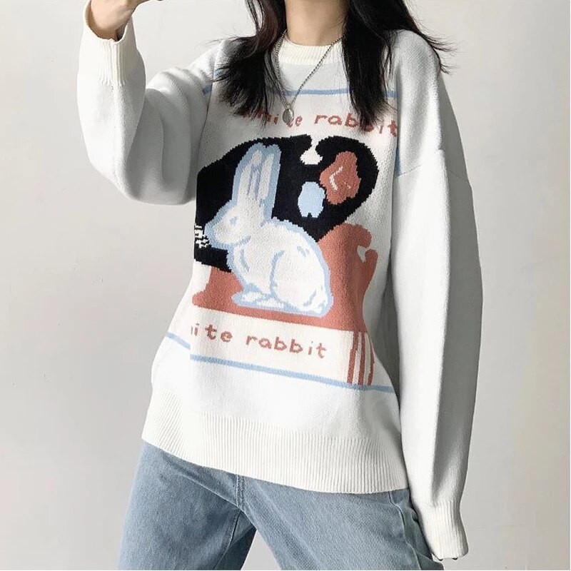 Japāņu preppy stila glīts balts truša džemperis korejiešu salds gadījuma brīvs džemperis rudens vintage Harajuku sieviešu trikotāžas džemperis