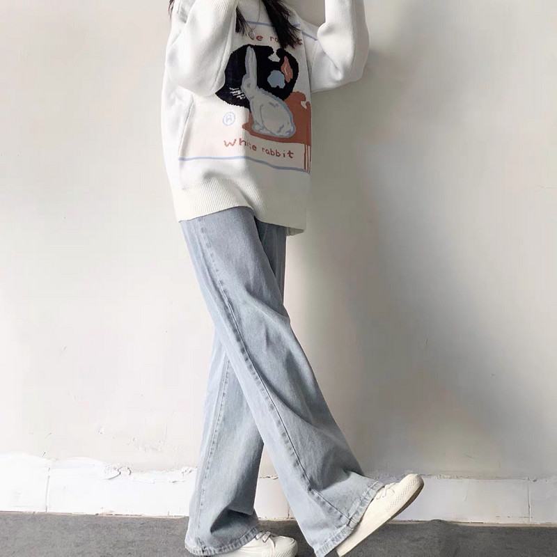 Japāņu preppy stila glīts balts truša džemperis korejiešu salds gadījuma brīvs džemperis rudens vintage Harajuku sieviešu trikotāžas džemperis