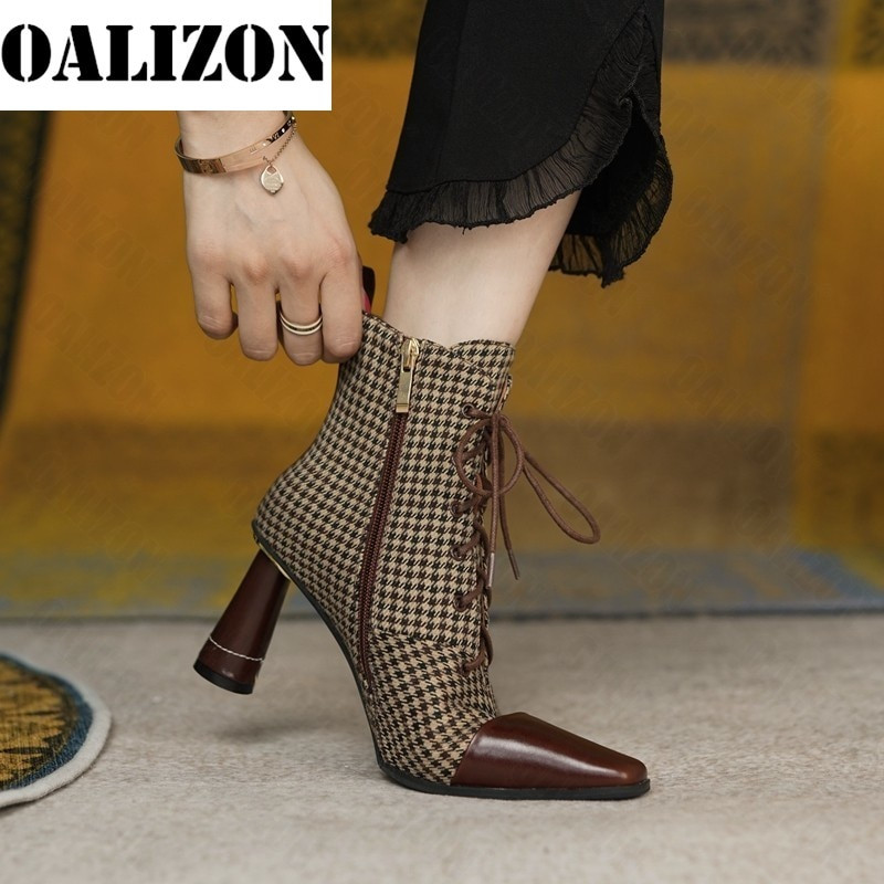 Jauktas krāsas Kvadrātveida purngals potītes mežģīnes Sieviešu zābaki Dizaineru mākslīgās zamšādas seksīgas vidēja papēža kurpes Mujer Zapatos Pavasara rudens Jaunas sieviešu kurpes