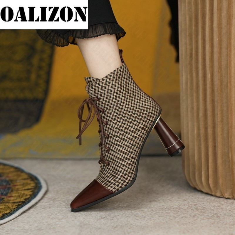 Jauktas krāsas Kvadrātveida purngals potītes mežģīnes Sieviešu zābaki Dizaineru mākslīgās zamšādas seksīgas vidēja papēža kurpes Mujer Zapatos Pavasara rudens Jaunas sieviešu kurpes