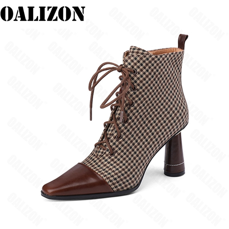 Jauktas krāsas Kvadrātveida purngals potītes mežģīnes Sieviešu zābaki Dizaineru mākslīgās zamšādas seksīgas vidēja papēža kurpes Mujer Zapatos Pavasara rudens Jaunas sieviešu kurpes