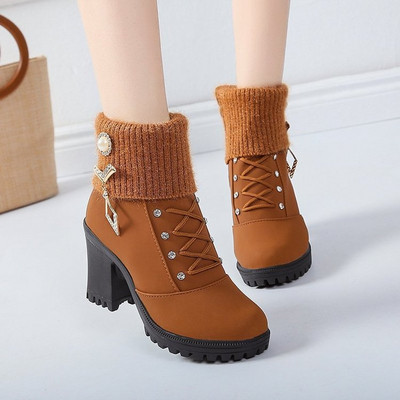 New Women`s Boots Winter Outdoor Warm Leather Boots Waterproof Women`s Snow Boots Thick Heel Round Head Short Boots