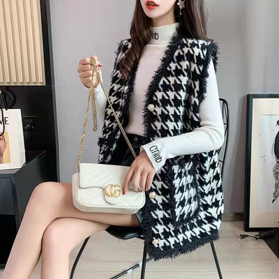 Φθινοπωρινό χειμερινό κορεατικό στιλ Houndstooth γυναικείο γιλέκο Κομψό μοδάτο παλτό παντός τύπου Γυναικείο καρό σακάκι με χαλαρά κουμπιά
