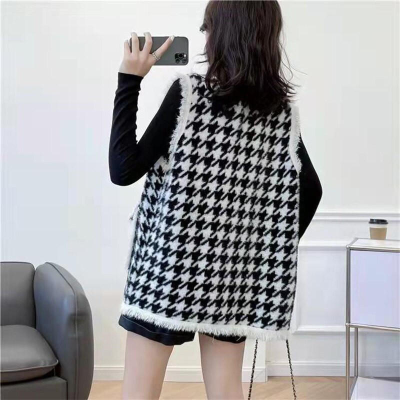 Φθινοπωρινό χειμερινό κορεατικό στιλ Houndstooth γυναικείο γιλέκο Κομψό μοδάτο παλτό παντός τύπου Γυναικείο καρό σακάκι με χαλαρά κουμπιά