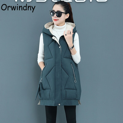 Orwindny S-3XL Jesenski podstavljeni prsluk bez rukava Ženski dugi ženski zimski prsluk Jakna s kapuljačom Zeleni topli ženski prsluk u 9 boja
