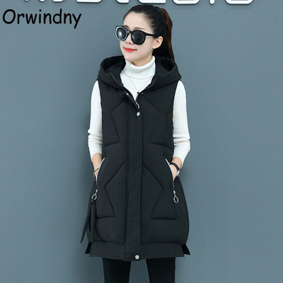 Orwindny S-3XL Jesenski podstavljeni prsluk bez rukava Ženski dugi ženski zimski prsluk Jakna s kapuljačom Zeleni topli ženski prsluk u 9 boja
