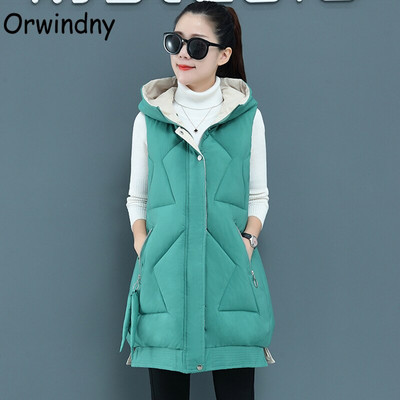 Orwindny S-3XL Jesenski podstavljeni prsluk bez rukava Ženski dugi ženski zimski prsluk Jakna s kapuljačom Zeleni topli ženski prsluk u 9 boja