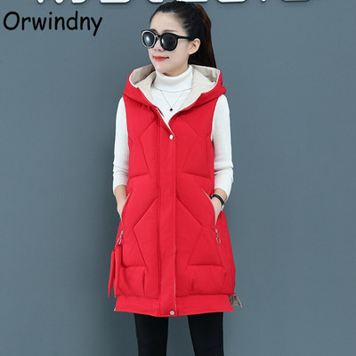 Orwindny S-3XL Jesenski podstavljeni prsluk bez rukava Ženski dugi ženski zimski prsluk Jakna s kapuljačom Zeleni topli ženski prsluk u 9 boja