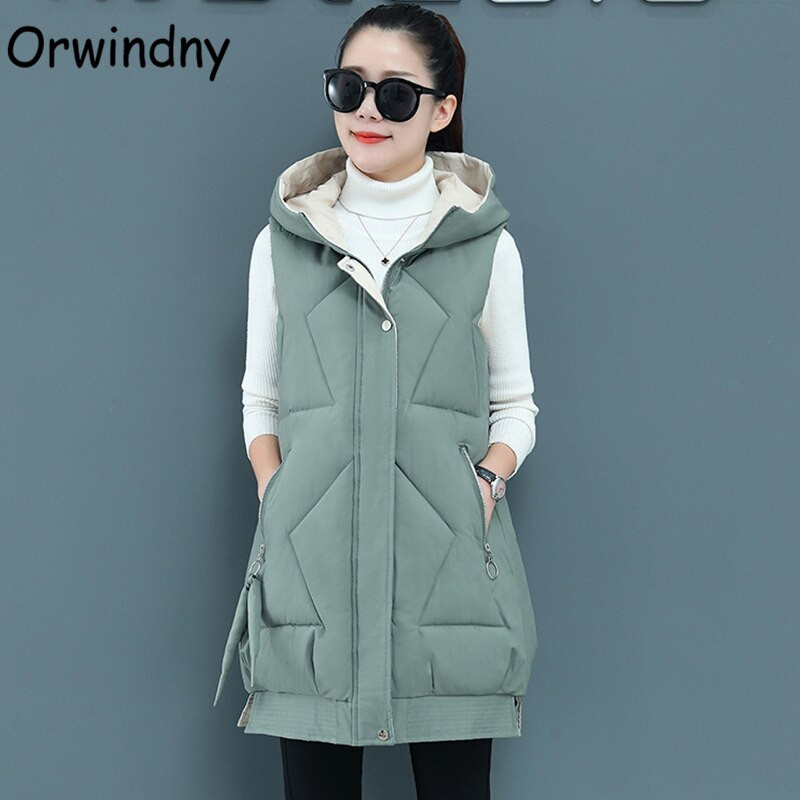 Orwindny S-3XL Jesenski podstavljeni prsluk bez rukava Ženski dugi ženski zimski prsluk Jakna s kapuljačom Zeleni topli ženski prsluk u 9 boja