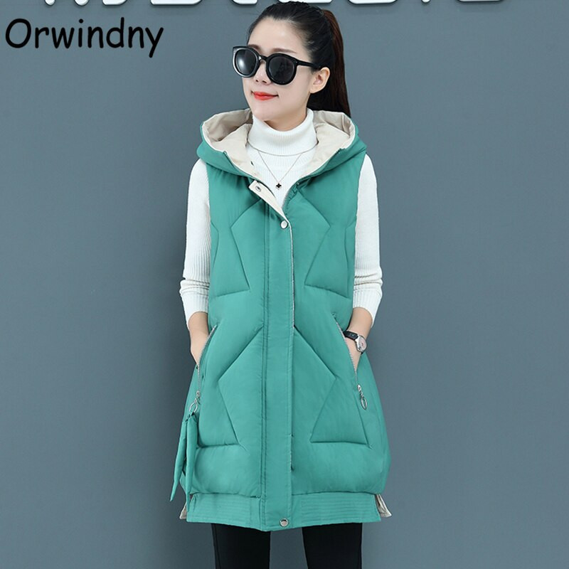 Orwindny S-3XL Jesenski podstavljeni prsluk bez rukava Ženski dugi ženski zimski prsluk Jakna s kapuljačom Zeleni topli ženski prsluk u 9 boja