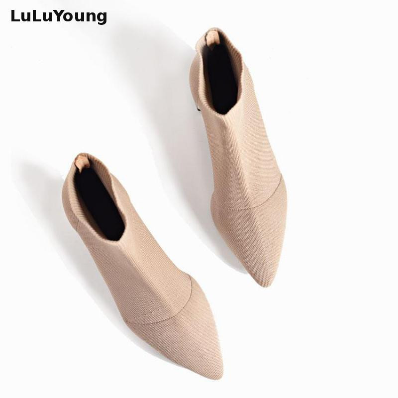 Πλεκτές ελαστικές κάλτσες Μπότες με μεσαίο τακούνι κοντά Γυναικείες μπότες αστραγάλου