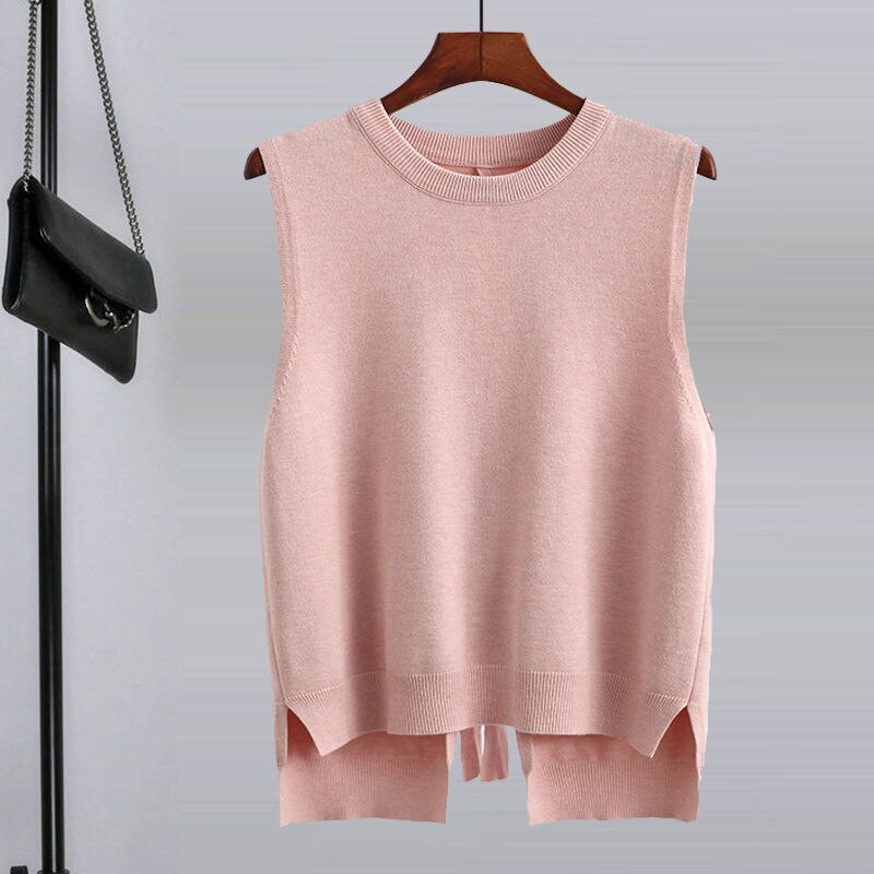 Sieviešu jaka Veste Sieviešu trikotāžas, brīvi šķeltas vilnas džemperis pavasara un rudens apaļa kakla džemperis bez piedurknēm Veste Chaleco Mujer