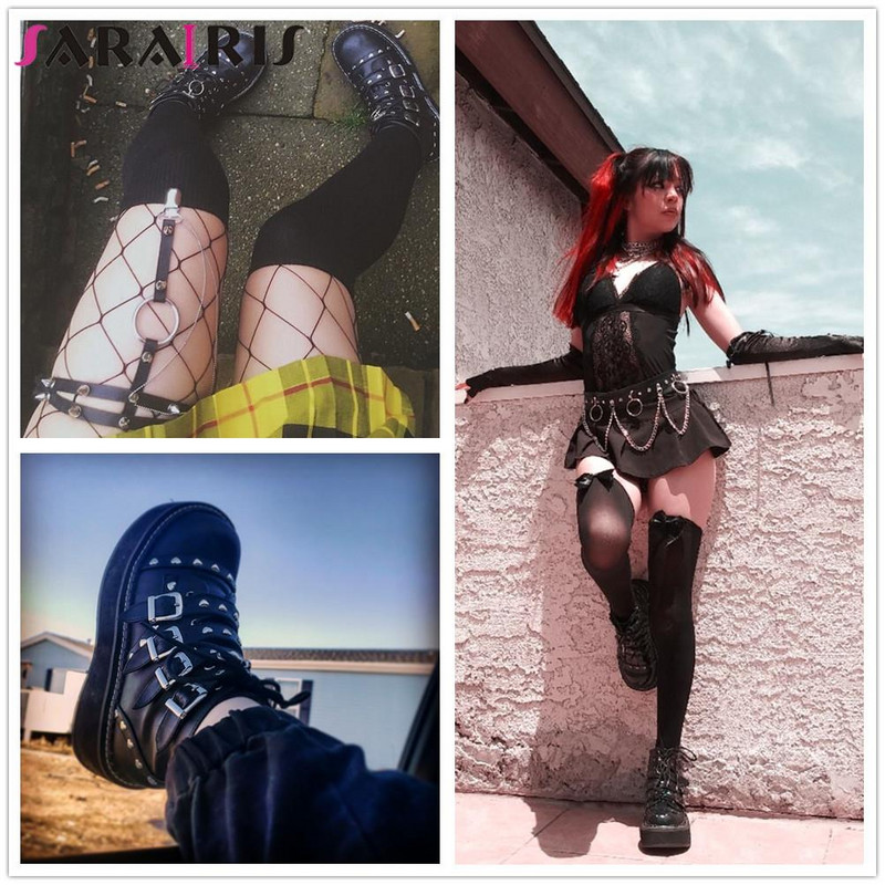 SaraIris, potpuno nove ženske ulične čizme, kopča, patentni zatvarač, ukras u obliku srca, platforma, ženske čizme, INS ležerne punk gotičke cipele