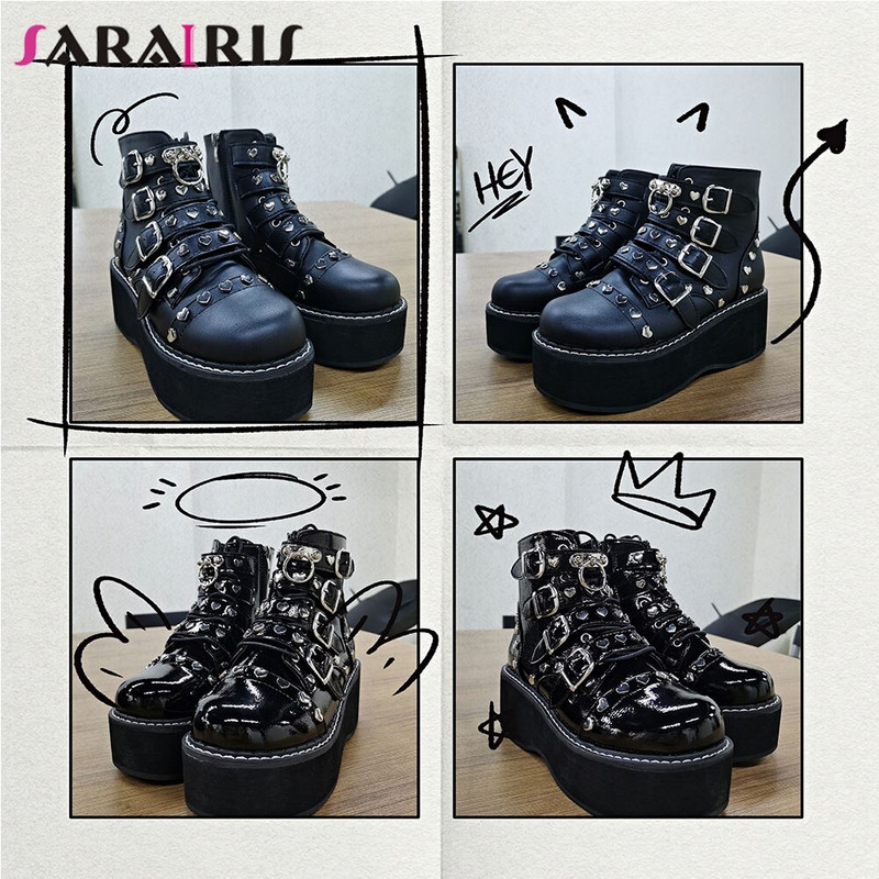 SaraIris, potpuno nove ženske ulične čizme, kopča, patentni zatvarač, ukras u obliku srca, platforma, ženske čizme, INS ležerne punk gotičke cipele