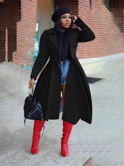 CM.YAYA Zimska klasična nepravilna plisirana suknja s dugim rukavima s dvostrukim gumbima, dugi trenč za žene, mješavine ulične odjeće s otvorenim ovratnikom