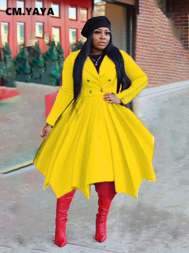 CM.YAYA Zimska klasična nepravilna plisirana suknja s dugim rukavima s dvostrukim gumbima, dugi trenč za žene, mješavine ulične odjeće s otvorenim ovratnikom