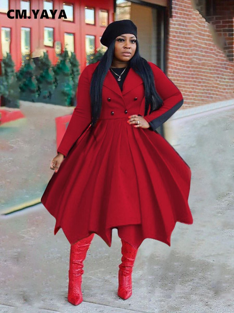 CM.YAYA Zimska klasična nepravilna plisirana suknja s dugim rukavima s dvostrukim gumbima, dugi trenč za žene, mješavine ulične odjeće s otvorenim ovratnikom