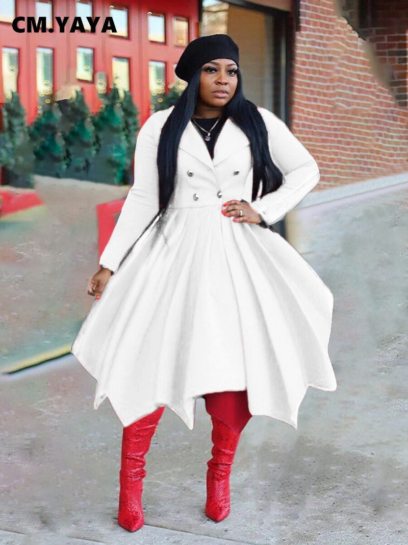 CM.YAYA Zimska klasična nepravilna plisirana suknja s dugim rukavima s dvostrukim gumbima, dugi trenč za žene, mješavine ulične odjeće s otvorenim ovratnikom