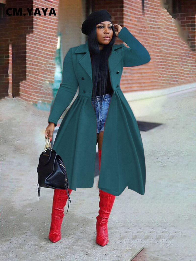 CM.YAYA Zimska klasična nepravilna plisirana suknja s dugim rukavima s dvostrukim gumbima, dugi trenč za žene, mješavine ulične odjeće s otvorenim ovratnikom