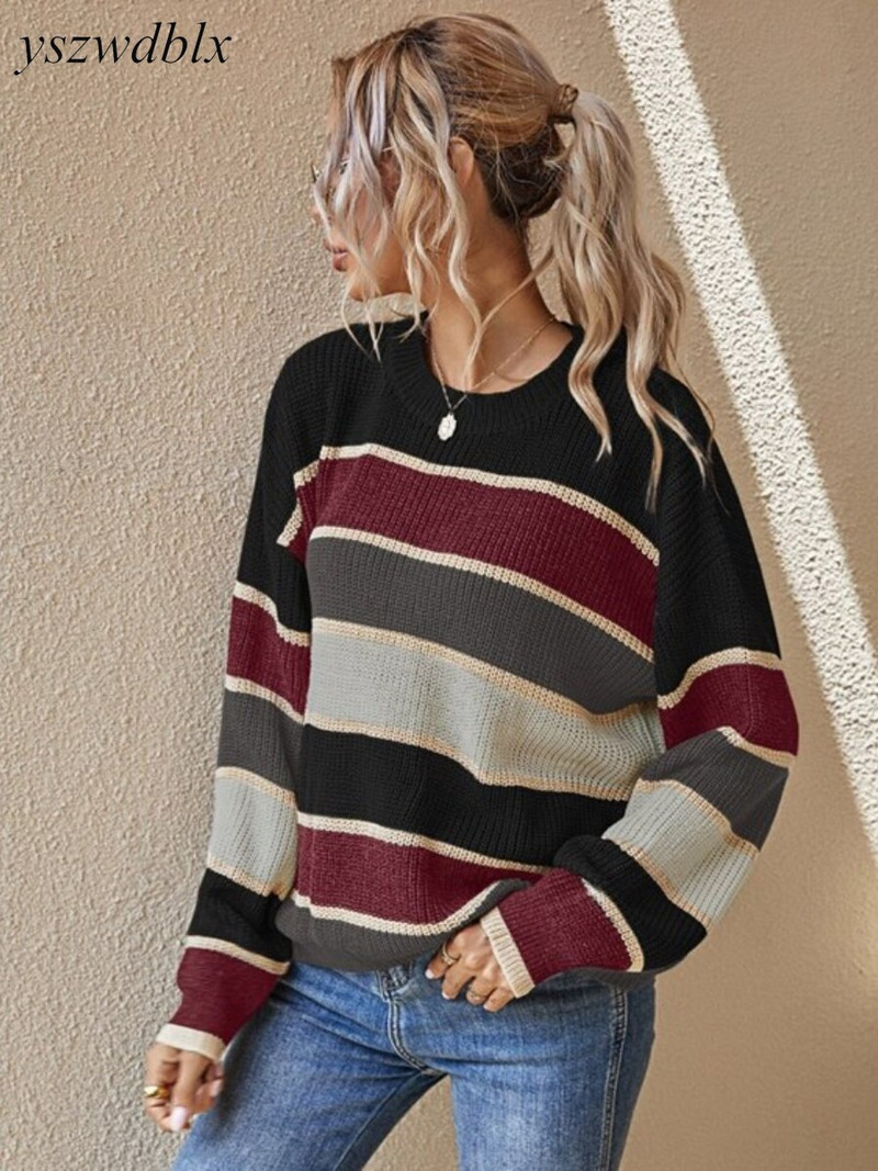 YSZWDBLX Női pulóver őszi téli O-nyakú csíkos pulóverek koreai divatos teljes ujjú bő pulóver, kötött, túlméretezett pulóverek