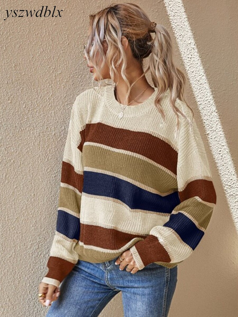 YSZWDBLX Női pulóver őszi téli O-nyakú csíkos pulóverek koreai divatos teljes ujjú bő pulóver, kötött, túlméretezett pulóverek