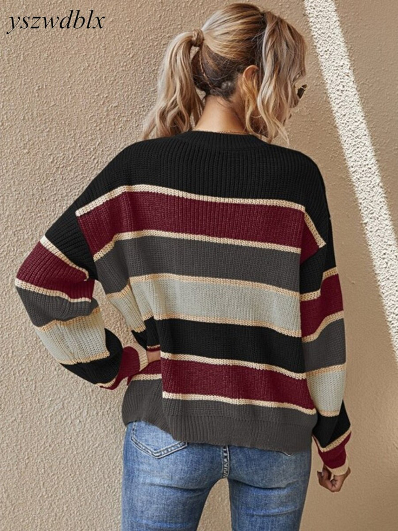 YSZWDBLX Női pulóver őszi téli O-nyakú csíkos pulóverek koreai divatos teljes ujjú bő pulóver, kötött, túlméretezett pulóverek