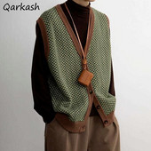 Prsluci Ženski S-3XL Pleteni prsluci Modni zeleni Ležerni Elegantna gornja odjeća Preppy Retro jednokopni dizajn s V-izrezom, padajući dodaci