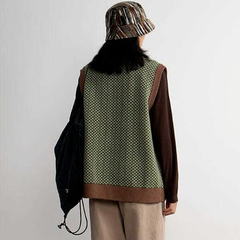 Prsluci Ženski S-3XL Pleteni prsluci Modni zeleni Ležerni Elegantna gornja odjeća Preppy Retro jednokopni dizajn s V-izrezom, padajući dodaci