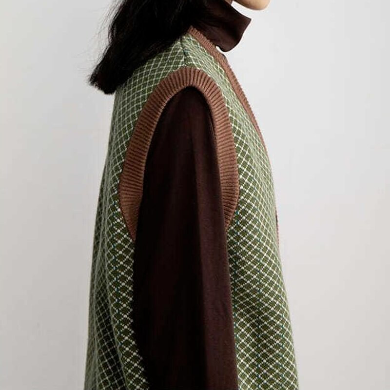 Prsluci Ženski S-3XL Pleteni prsluci Modni zeleni Ležerni Elegantna gornja odjeća Preppy Retro jednokopni dizajn s V-izrezom, padajući dodaci