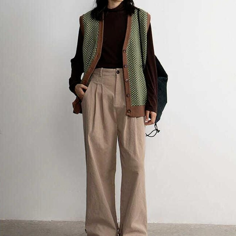 Prsluci Ženski S-3XL Pleteni prsluci Modni zeleni Ležerni Elegantna gornja odjeća Preppy Retro jednokopni dizajn s V-izrezom, padajući dodaci