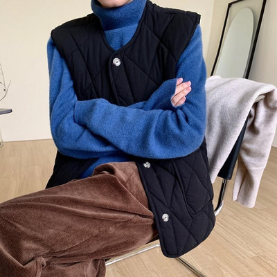 Φθινόπωρο Χειμώνας 2022 O λαιμός χαλαρό, βαμβακερό γιλέκο κορεατικό απλό vintage ανοιχτόχρωμο πουπουλένιο ζεστό γιλέκο