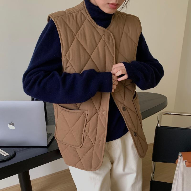 Φθινόπωρο Χειμώνας 2022 O λαιμός χαλαρό, βαμβακερό γιλέκο κορεατικό απλό vintage ανοιχτόχρωμο πουπουλένιο ζεστό γιλέκο