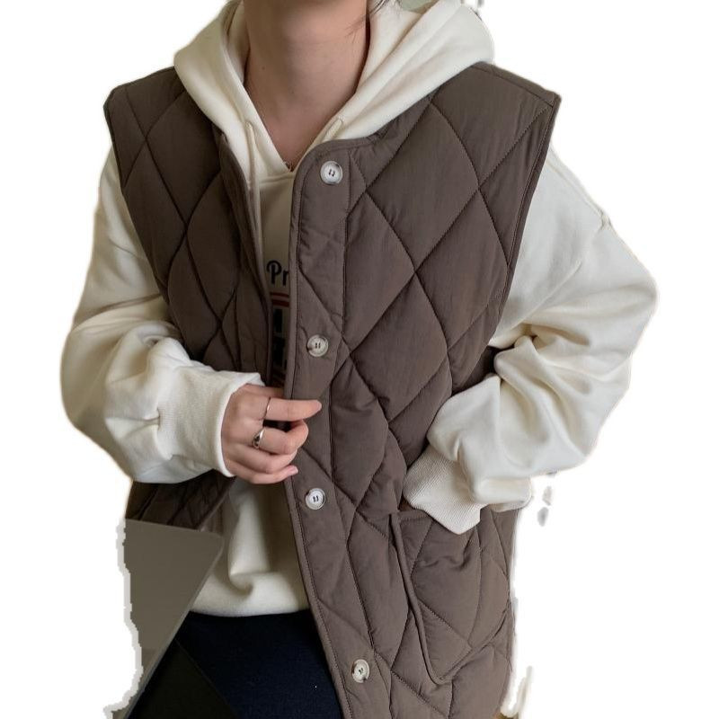 Φθινόπωρο Χειμώνας 2022 O λαιμός χαλαρό, βαμβακερό γιλέκο κορεατικό απλό vintage ανοιχτόχρωμο πουπουλένιο ζεστό γιλέκο